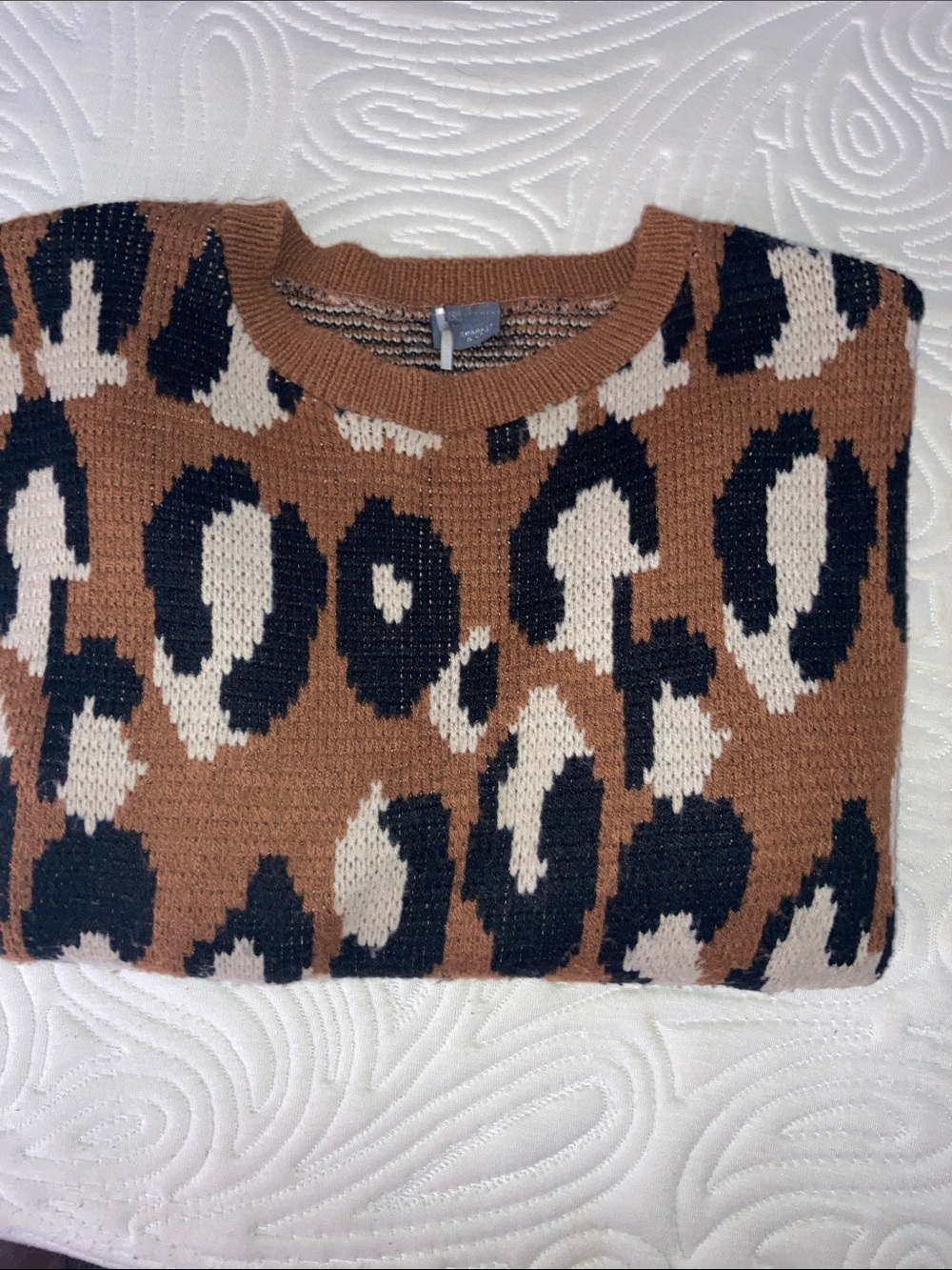 Sparkle & Fade Brown Leopard Print Crewneck Sweater with Black & Cream Accents